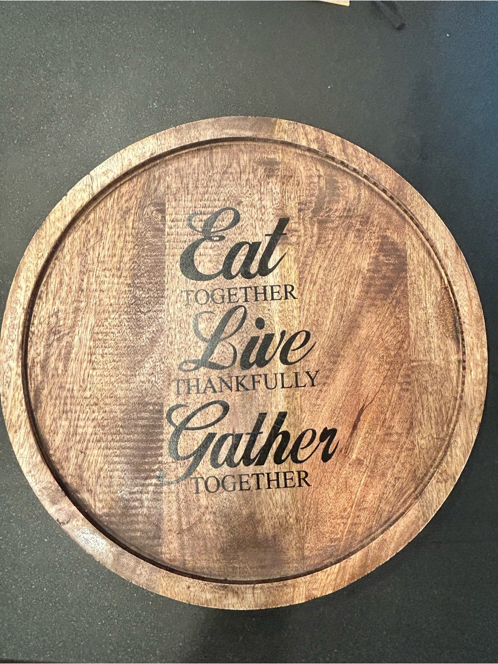Mud Pie 16” Rustic Round Wood Brown Lazy Susan Eat Live Gather